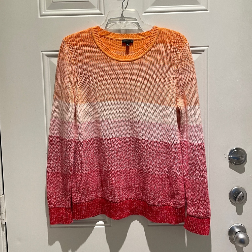 Talbots Striped Orange Pink Red Cotton Crewneck Long Sleeve Sweater Size Medium